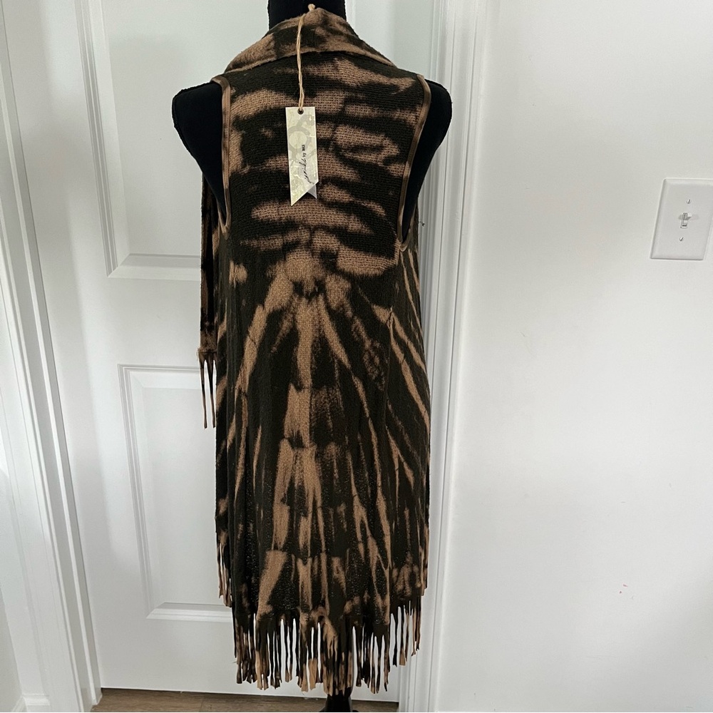 Gimmicks BKE Size Small‎ Flyaway Fringe Vest Open Weave Raw Edge Olive/Brown - Picture 3 of 6